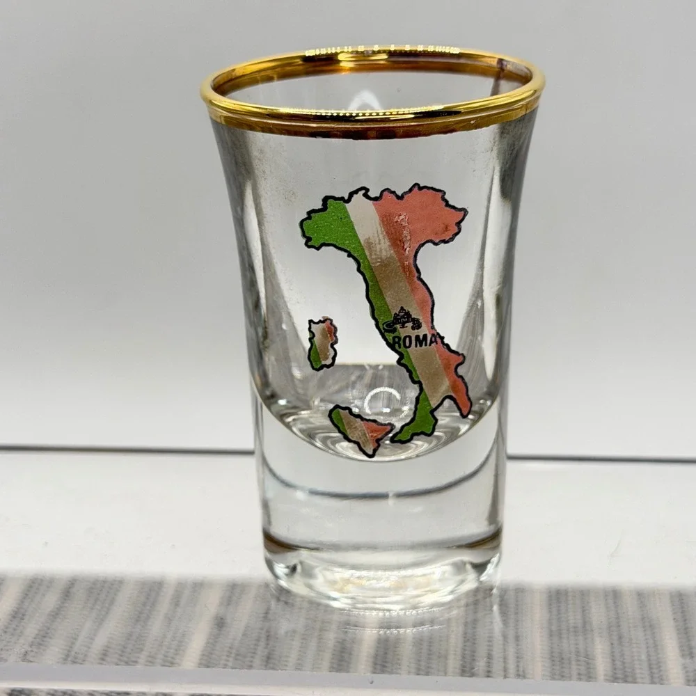 Roma Italy Souvenir Shot Glass Gold Rim Map of Italy Clear Glass Barware 2oz
